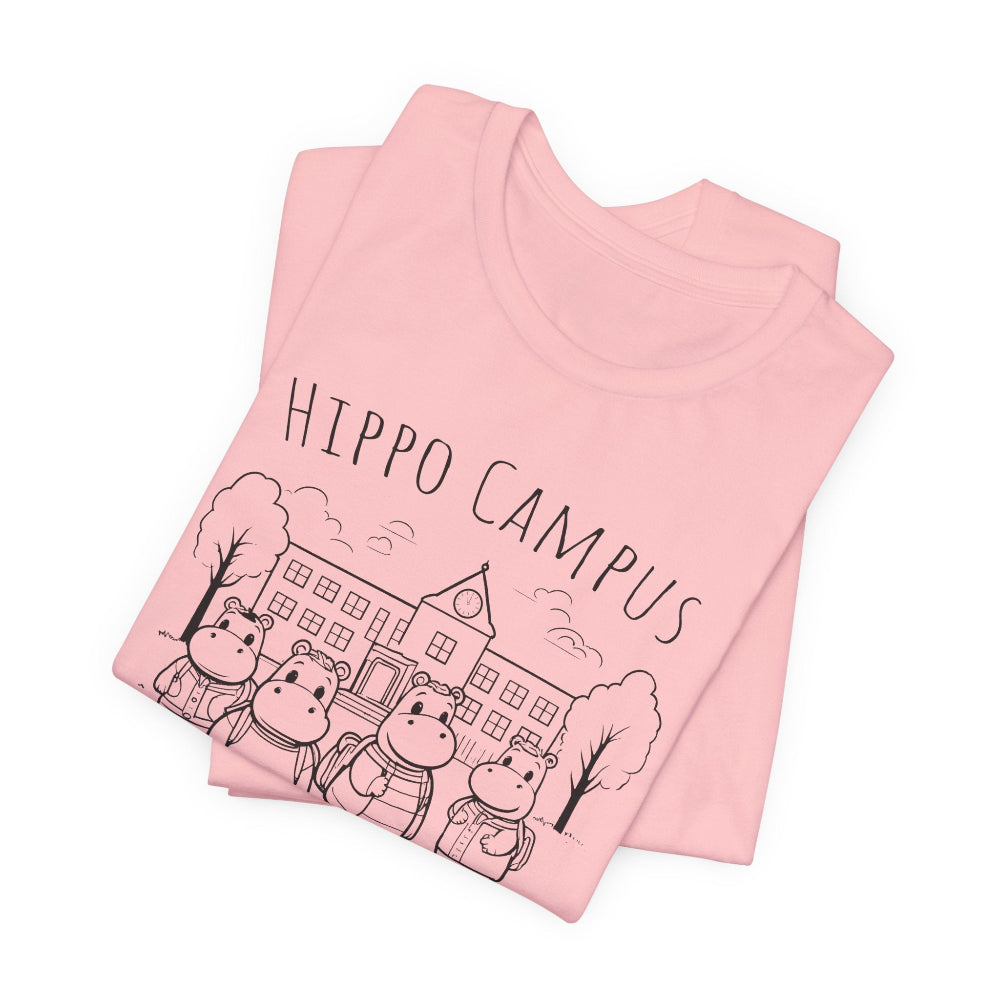 Pink t-shirt with 'Hippo Campus' design on a white background