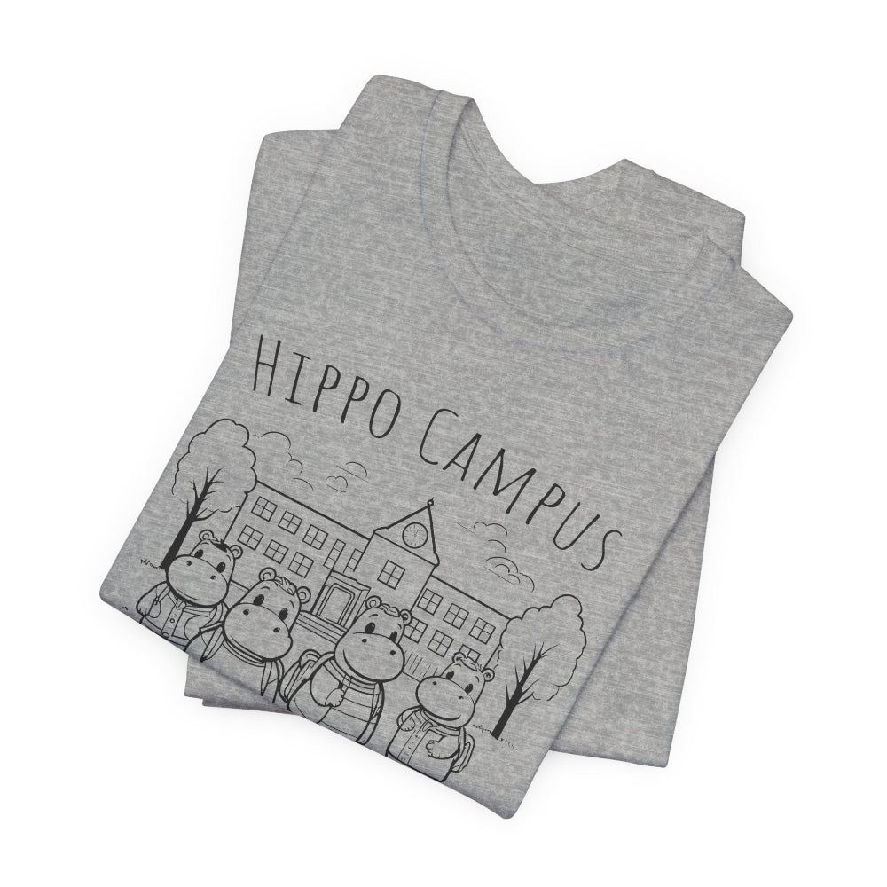Gray t-shirt with 'Hippo Campus' design on a white background