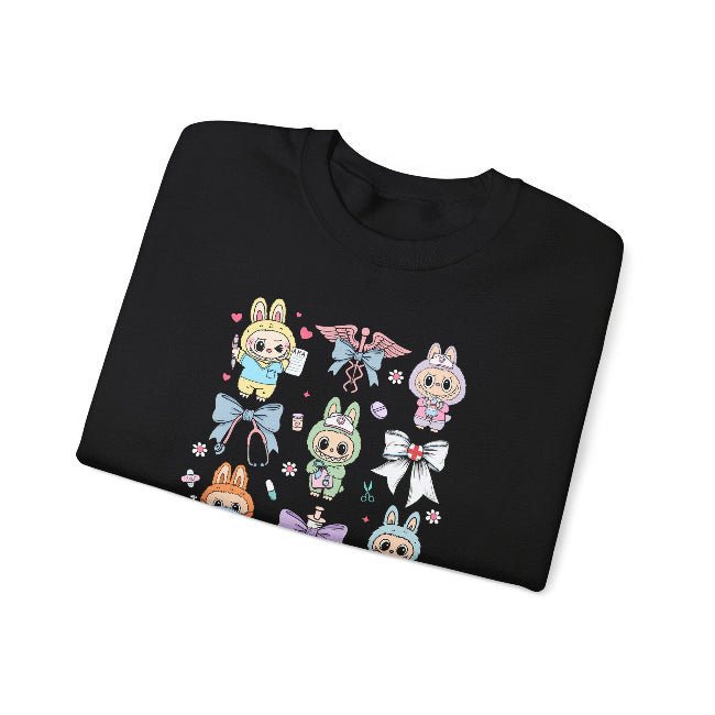 Black t-shirt with colorful cartoon character design on a white background