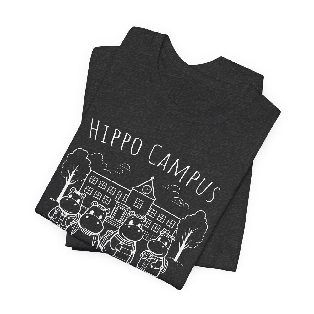 Dark gray t-shirt with 'Hippo Campus' design on a white background