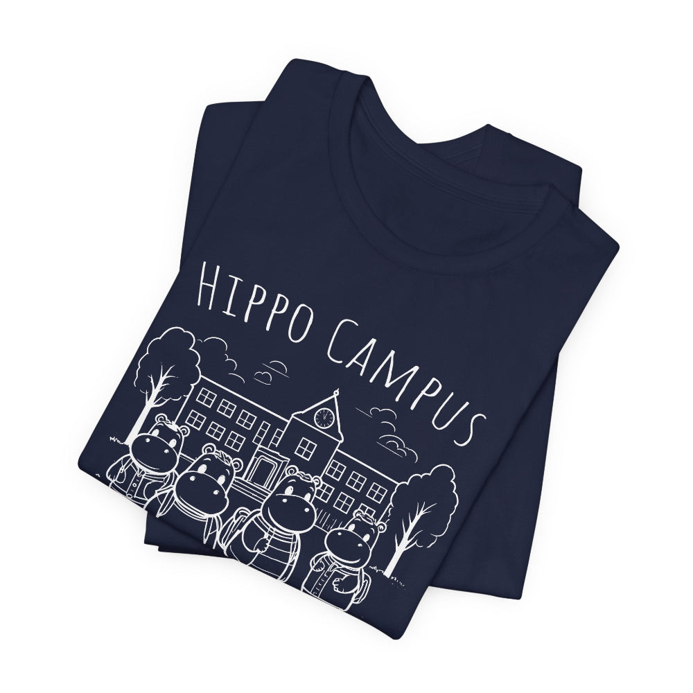 Folded navy blue t-shirt with 'Hippo Campus' design on a white background