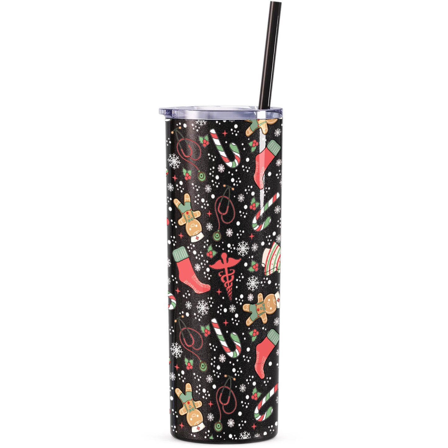 Christmas Nurse Doodles Glitter Skinny Tumbler with Straw - 20 oz