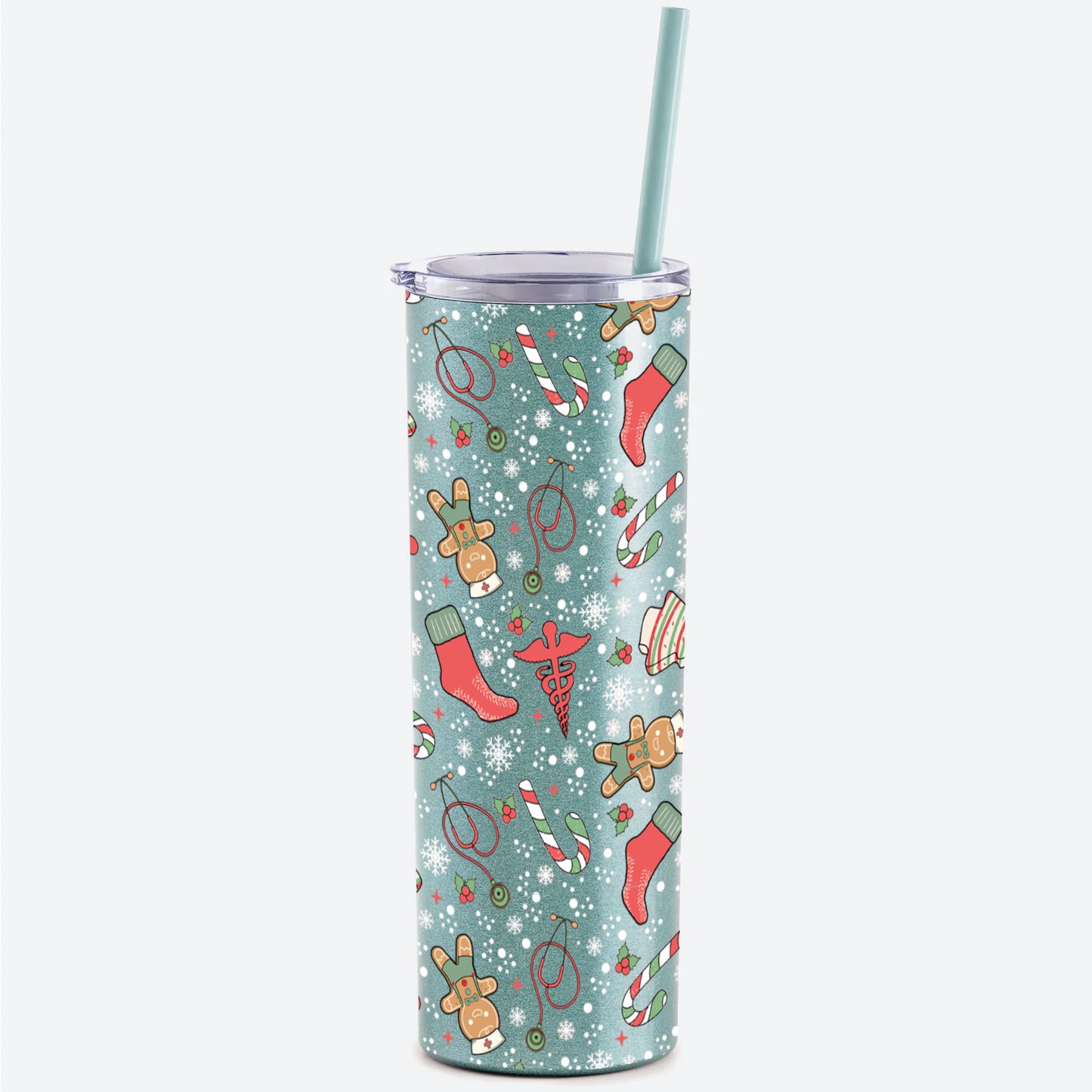 Christmas Nurse Doodles Glitter Skinny Tumbler with Straw - 20 oz