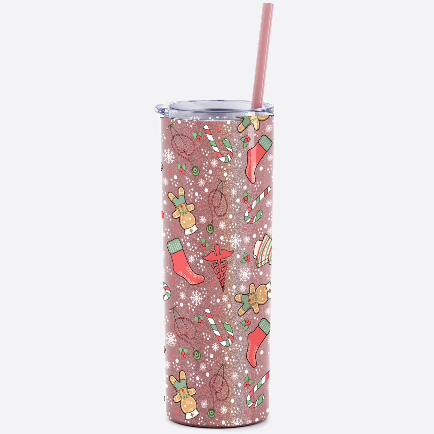 Christmas Nurse Doodles Glitter Skinny Tumbler with Straw - 20 oz