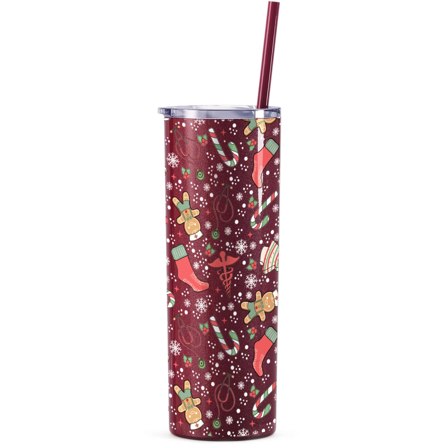 Christmas Nurse Doodles Glitter Skinny Tumbler with Straw - 20 oz