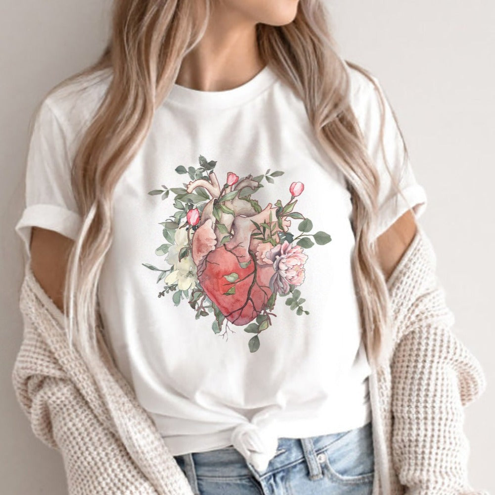 Watercolor Floral Anatomical Heart T-Shirt