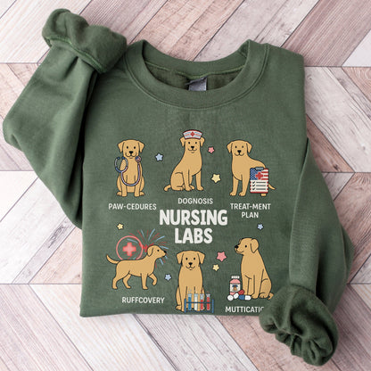 Green sweatshirt with dog illustrations and text on a wooden floor