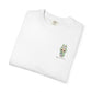 White t-shirt with a small green graphic on a white background
