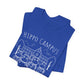 Blue t-shirt with 'Hippo Campus' design on a white background