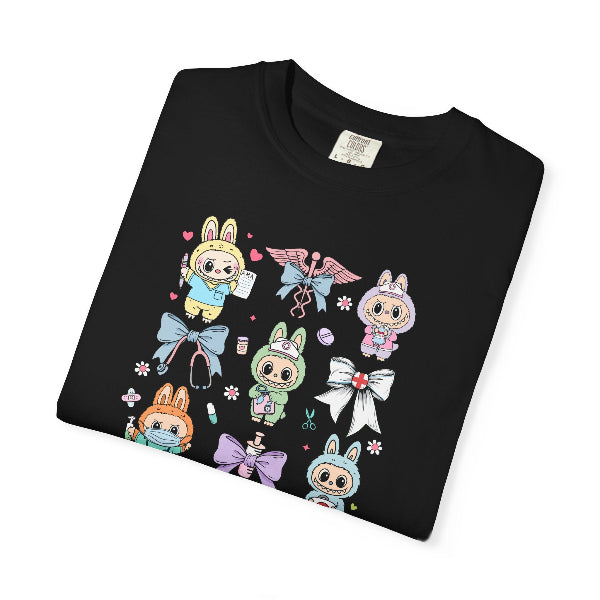 Black t-shirt with colorful cartoon character design on a white background
