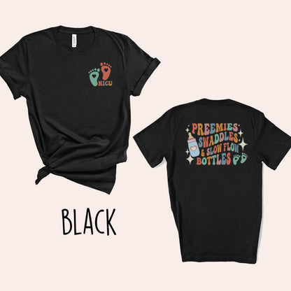 Retro Preemies, Swaddles & Slow Feed Bottles (Front & Back Design) T-Shirt
