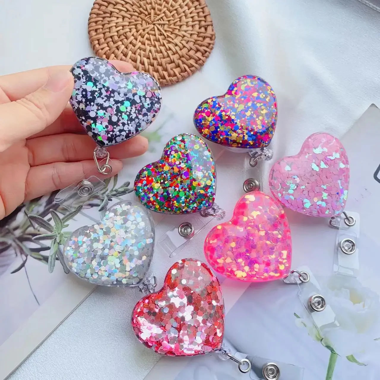 Glitter Heart Retractable Badge Reels