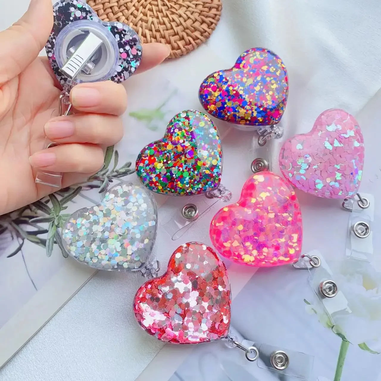 Glitter Heart Retractable Badge Reels