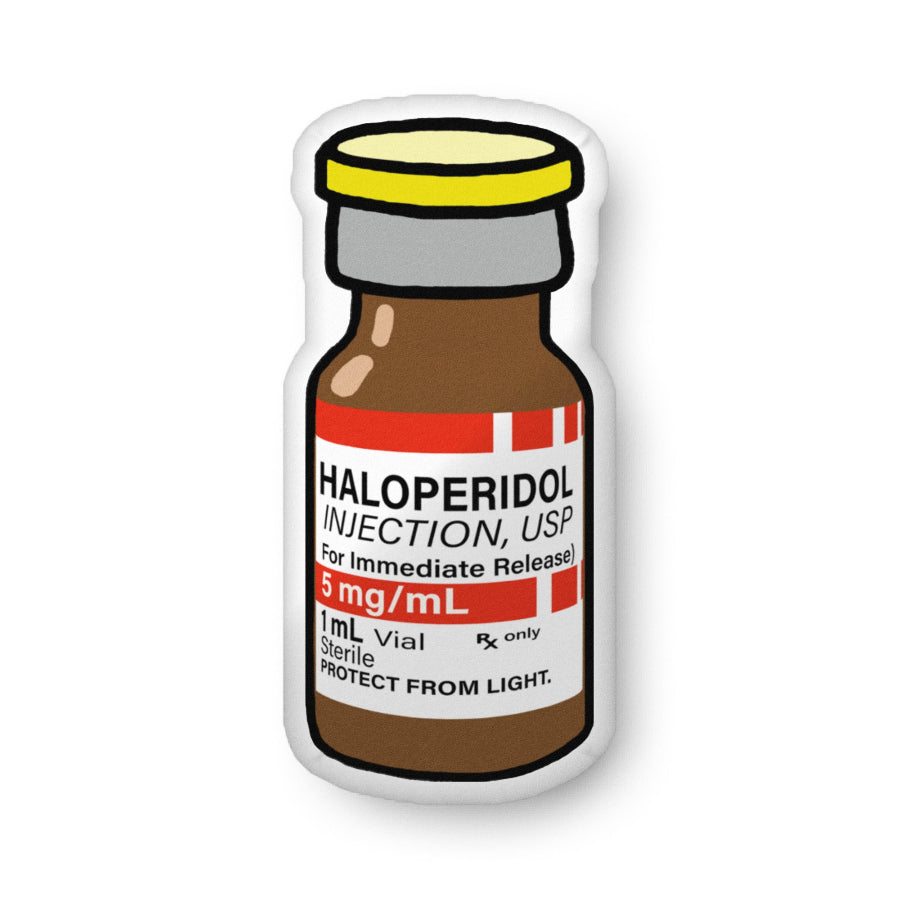 Illustration of a Haloperidol injection vial with label on a white background