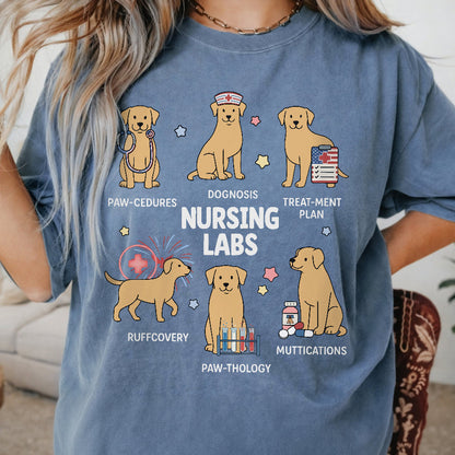 Person wearing a blue t-shirt with cartoon dogs and medical-themed text.