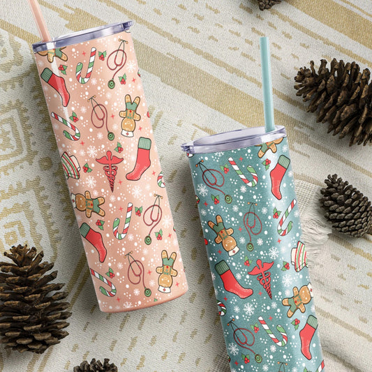 Christmas Nurse Doodles Glitter Skinny Tumbler with Straw - 20 oz