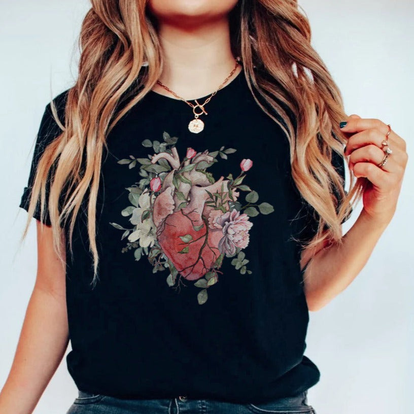 Watercolor Floral Anatomical Heart T-Shirt