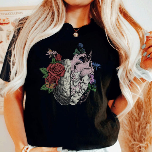 Floral Brain Heart Anatomy T-Shirt