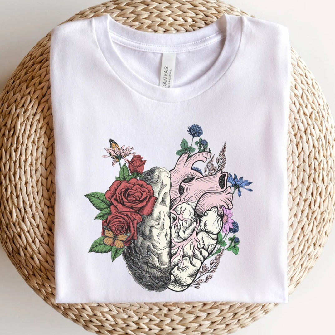 Floral Brain Heart Anatomy T-Shirt