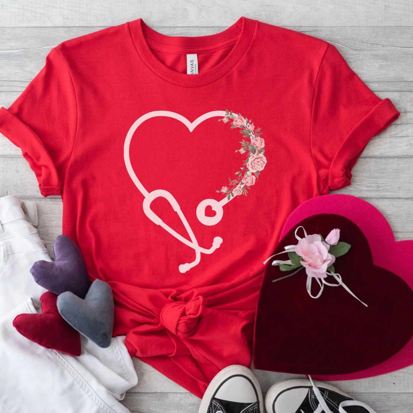 Floral Heart Stethoscope T-Shirt